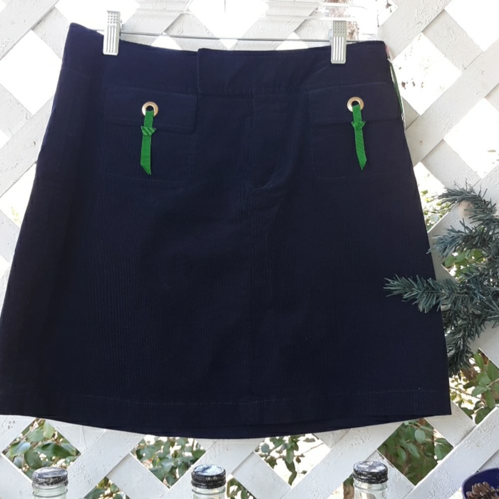 Lilly Pulitzer Navy Corduroy Mini Skirt with Green Ribbon Accents